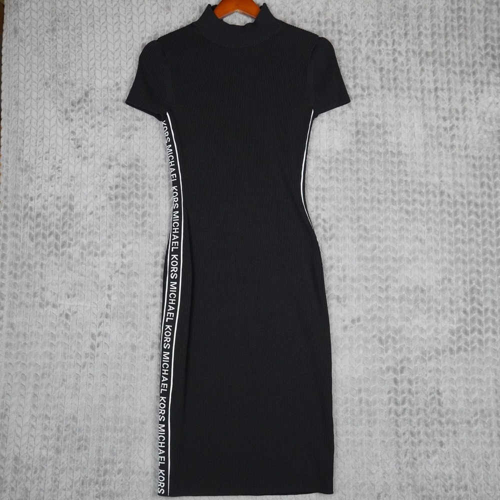 Michael Kors Sheath Dress Women Medium Black Logo Tape Ribbed Knit Bodycon